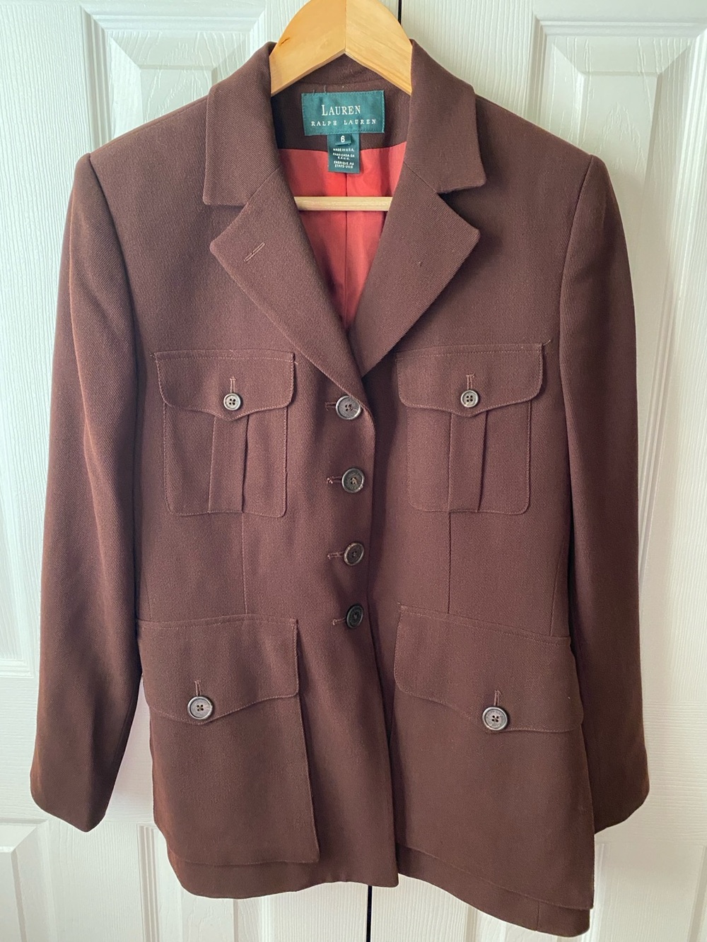 VINTAGE Lauren Ralph Lauren Brown Worsted Wool Equestrian Safari Button Blazer 6